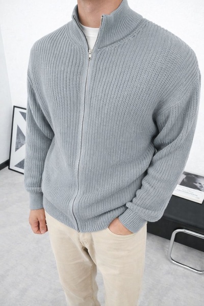 İLKCET MODA Zippered Gray Premium Thessaloniki Knit Oversize Unisex Cardigan