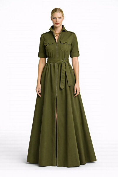 UNTIMELY فستان طويل بتصميم كاكي جبردين مع سحاب أمامي وتفاصيل عملية