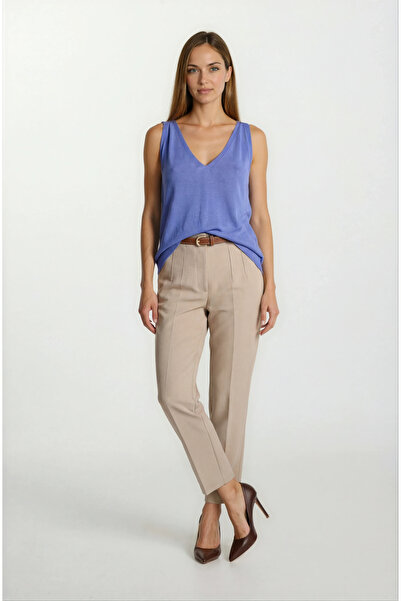 Spazio Furmann Yüksek Bel Deri Kemerli Dar Paça Pantolon VİZON