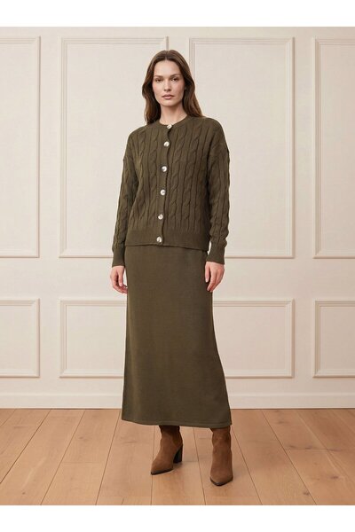 Refka Hair Braid Patterned Cardigan & Skirt Knitwear Set - Khaki -