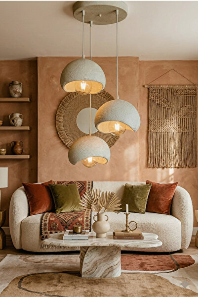 Depozee Modern Beton Görünümlü 3’lü Sarkıt Avize Beyaz İskandinav Loft Stil T...