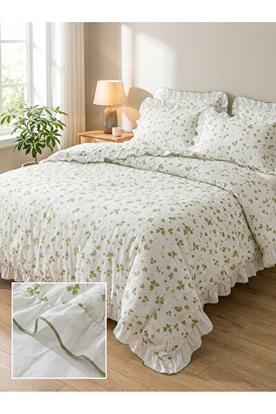 BESTİNA GOLD طقم غطاء لحاف مزدوج مصنوع من القطن بنسبة 100% مع زخارف مكشكشة