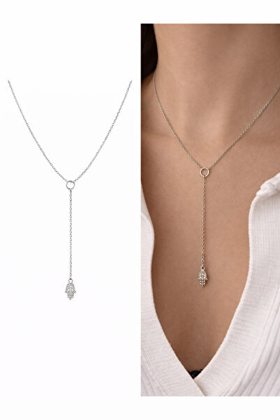 Arsaley Collection Gümüş Hamsa Charm Dekolte Y Çelik Kadın Kolye (45 cm) – Se...
