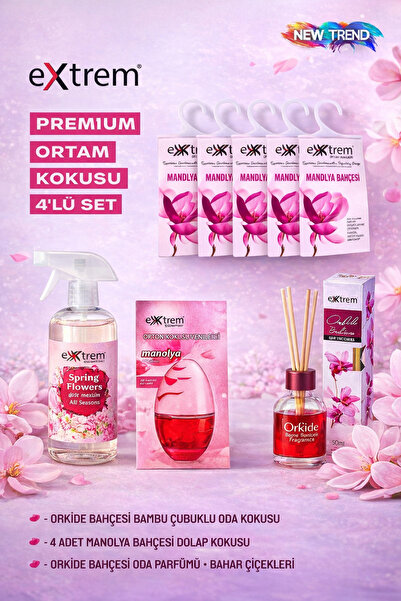EXXTREM 4'Lü Doğal Floral Oda - Dolap - Araba Kokusu Seti | Manolya, Orkide &...