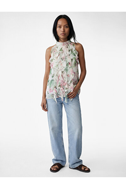 Koton Bluză din șifon florală cu volane, fără mâneci, cu guler halter