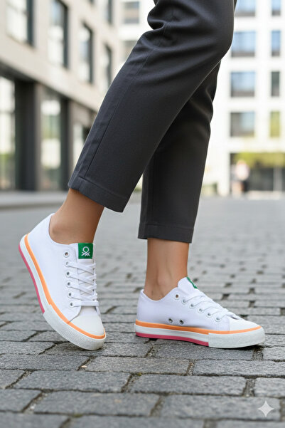 Benetton ® |   Bn-90176-2 - 3374 White Orange - Linen Women's Sneaker Sports ...