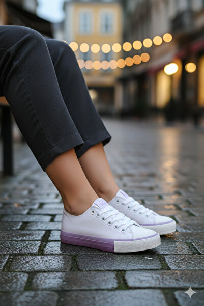 Benetton ® |   Bn-90176 - 3374 White Lilac - Linen Women's Sneaker Sports Shoes