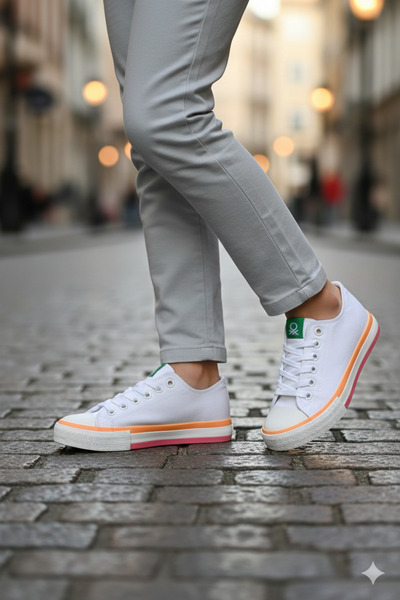 Benetton ® | Bn-90176 - 3374 Біло-помаранчеві - Жіночі спортивні кросівки з л...