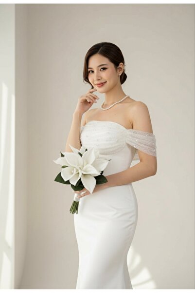 ENDAMIM İncili Drapeli Düşük Omuz Balık Kesim Beyaz Abiye Elbise – Nikah & Ni...