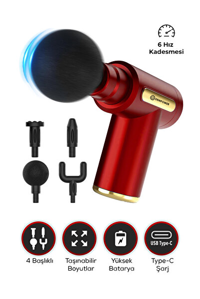 DEMPOWER Titreşimli Masaj Tabancası 4 Başlıklı Kırmızı 19x13cm