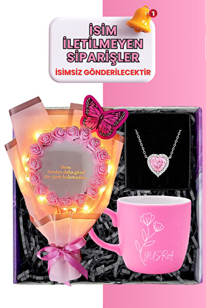 Zemtigo Kişiye Özel İsimli Kupa Pembe Aynalı Gül Buketi Ve Pembe Kalp Kolye K...