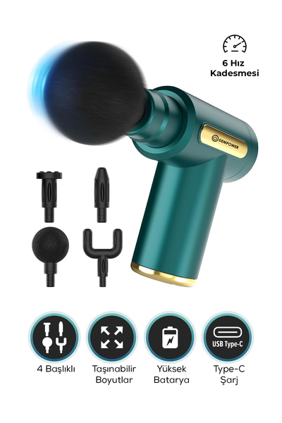 DEMPOWER Titreşimli Masaj Tabancası 4 Başlıklı Yeşil 19x13cm