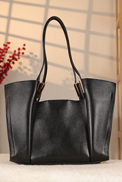 Aksesuarlia Black Leather Bag - 40388, Genuine Leather, with Inner Bag