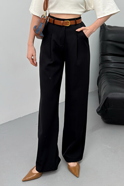 spirituel Women's Pants with Belt, Pleated Detail, Double Pockets, Wide Leg P...