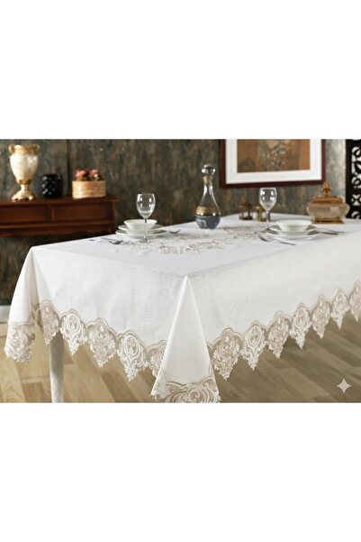 Finezza Laura Lüx Dantelli Simli Keten Kumaş Krem/Laura Masa Örtüsü 160x220 C...