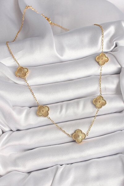 OceanDesign Çelik Gold Renk Zincir İşlemeli Yonca Model Kadın Kolye