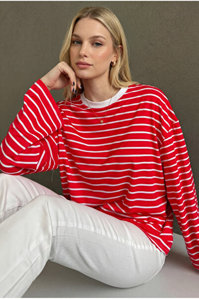 Madmext Tricou roșu cu mânecă lungă, cu dungi și guler rotund MG2362