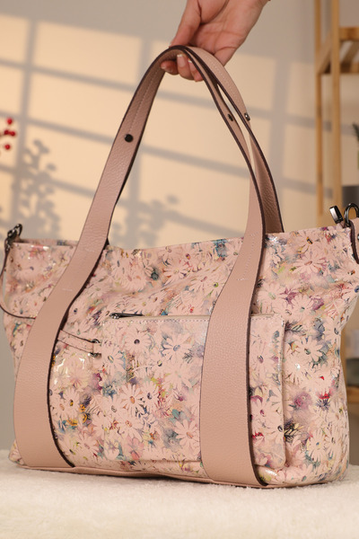Aksesuarlia Flower Patterned Leather Bag - 40278, Genuine Leather, Pink Color...