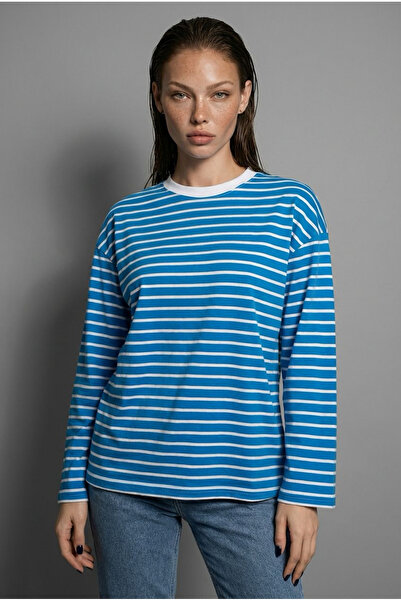 Madmext Turquoise Crew Neck Striped Long Sleeve T-Shirt Mg2362
