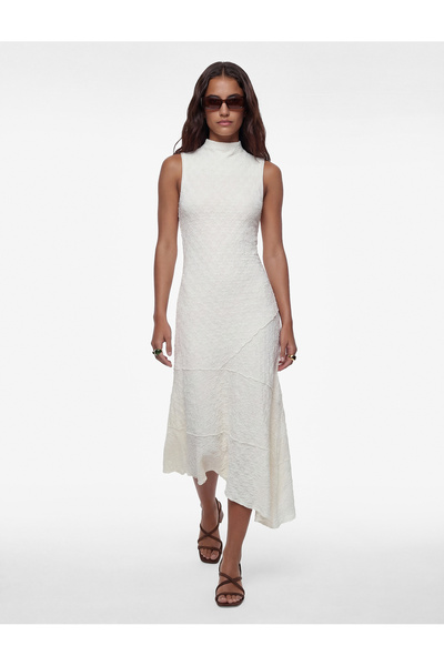 Koton Asimetrik Slim Fit Dik Yaka Kolsuz Dantel Midi Elbise