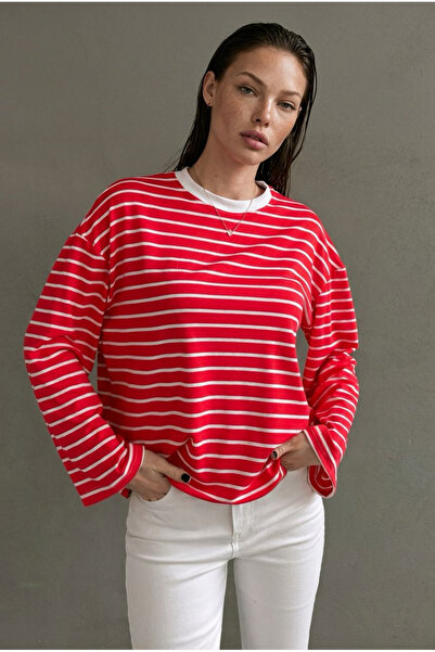 Madmext Tricou roșu cu mânecă lungă, cu dungi și guler rotund MG2362