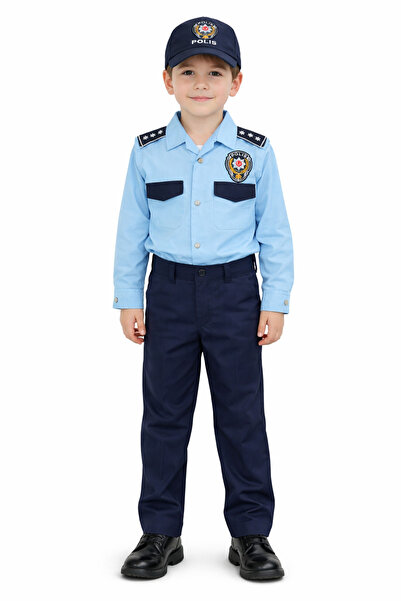 Genel Markalar Mavi Çocuk Polis Kıyafeti – 3’lü Pantolon Gömlek Şapka Seti