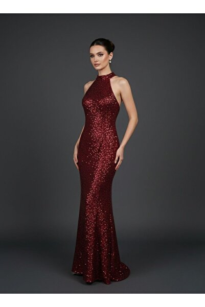 Tangül&Ali'S Moda Evi Payetli Bordo Likralı Maxi Elbise