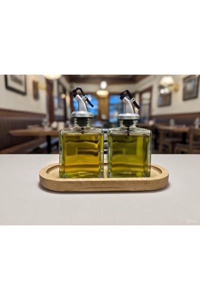 Trend Home Life Sofranız için Ahşap Stantlı 2 li 200 ml Cam Yağdanlık Sirkeli...