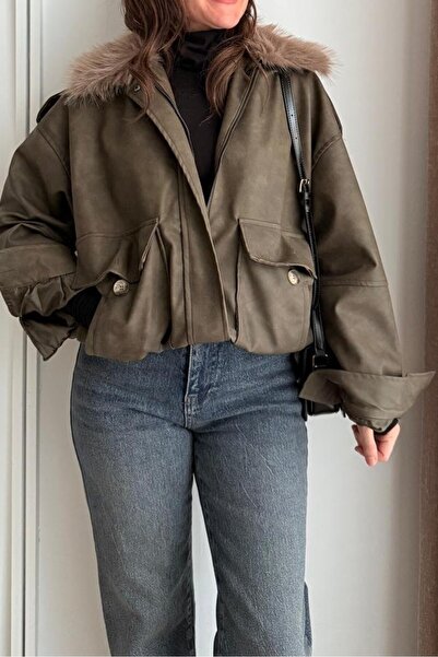 Suziş Khaki Colour Coat with Detachable Fur Detail 36821