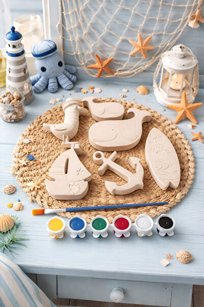 Atölye yüksel Açık Denizler Taş Boyama Seti = 6 Taş + 6 Renk Boya + 1 Fırça