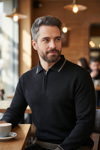 Kamalı سترة رجالية سوداء مضادة للوبر ذات قصة قياسية عادية وياقة بولو فاخرة