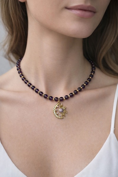 Aurevyn Design Mor Kuvars Taşı Güneş Kolye, Altın Kaplama Doğal Taş Kolye