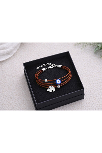 Kutcha Accessories Şans Getiren Nazar Boncuklu Gümüş Fil Figürlü Deri Bileklik