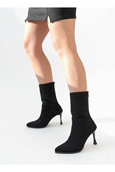 Favi Ayakkabı Siyah Her Yanı Taşlı Şık Abiye Bot