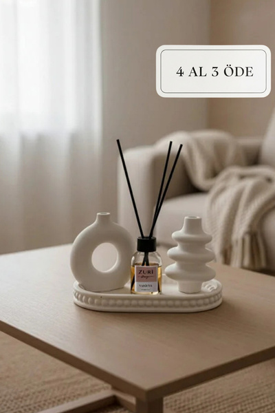 ZURİ DESİGN Bohem Beton Vazo ve Vanilya Oda Kokusu Dekoratif Tepsi Seti - 3'l...