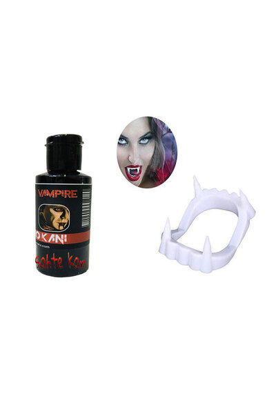 Skygo أسنان مصاص دماء مزيفة ذات لون أبيض ومزدوجة الحنك و50 جرامًا من دم المسرح