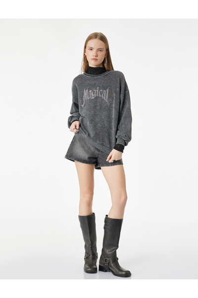 Koton Washable Crew Neck Oversized Stone Sweatshirt