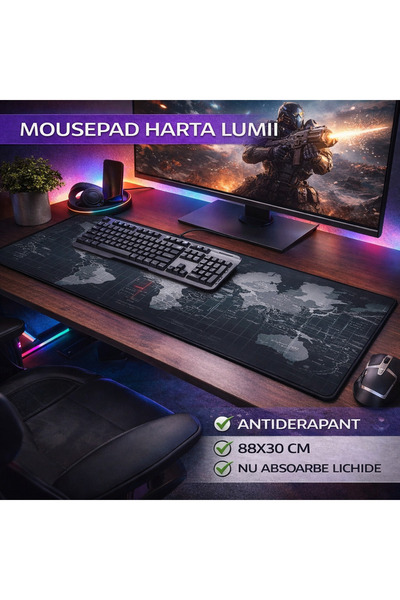 SMARTECH Mousepad gaming/birou, Antiderapant, 880x300 mm, Harta Lumii
