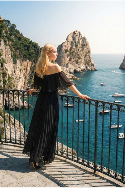 Romina Daila Off-The-Shoulder Flounce Long Evening Dress Chiffon Invitation a...