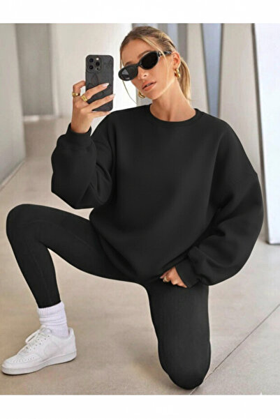 LiyAdaCo Μαύρο φούτερ Unisex oversized με λαιμόκοψη - Φούτερ με κουκούλα
