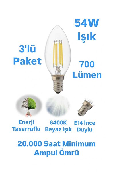 repplam 3'lü Paket 6 Watt E14 Duylu Rustik Led Ampul Beyaz Işık Avize Ampulu ...