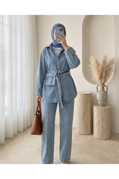 Modamorfo Denim Suit with Bag Pockets and Green Trousers - Blue