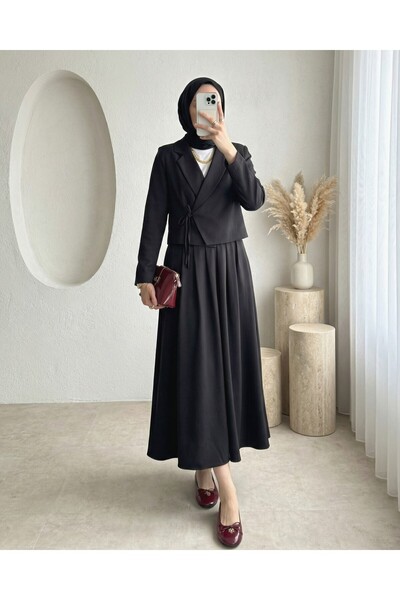 Modamorfo Tie-Front Skirt and Jacket Two-Piece Set - Black