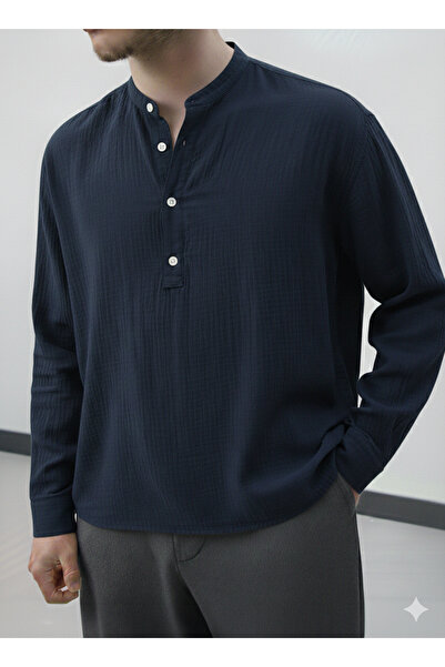 A&O Style Erkek Lacivert Oversize Hakim Yaka Yarım Pat Düğmeli Uzun Kollu Müs...