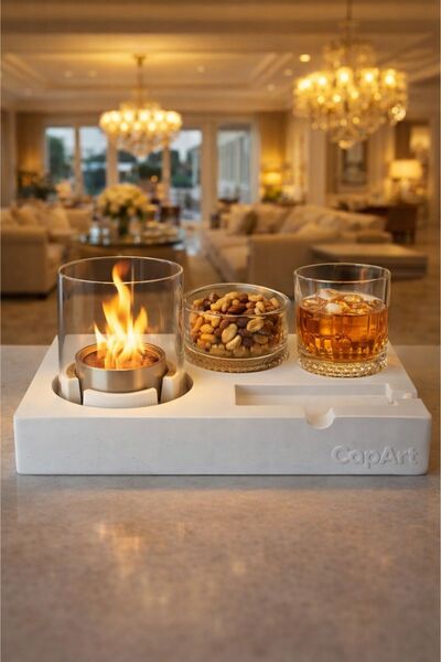 CopArt Elza Beyaz Masaüstü Beton Şömine - 1 Lt Yakıt, Çerezlik ve Bardak Hedi...