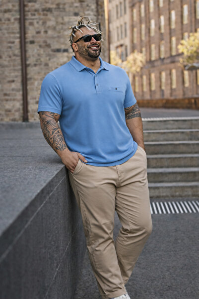 Maccali Мъжка тениска с джобове, голям размер, синя, с поло яка