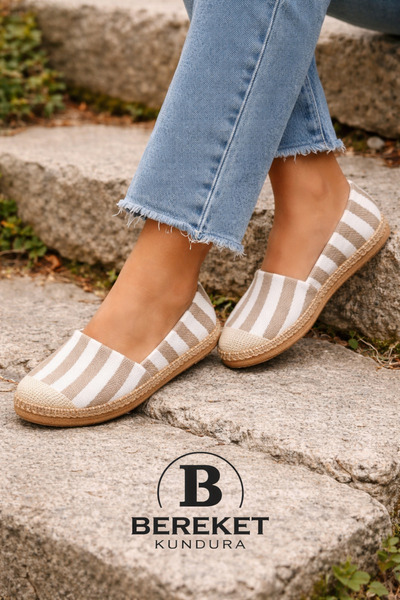 çetin ayakkabı Bereket Kundura Women's Summer Casual Stylish Beige Linen Stri...