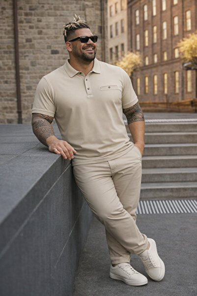 Maccali Men's Plus Size Basic Cream Polo Neck T-Shirt with Pockets