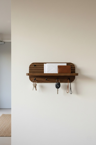 UMN DECOR Ceviz Modern Ahşap Anahtarlık, Raf Tablalı Dekoratif Anahtar Askısı...