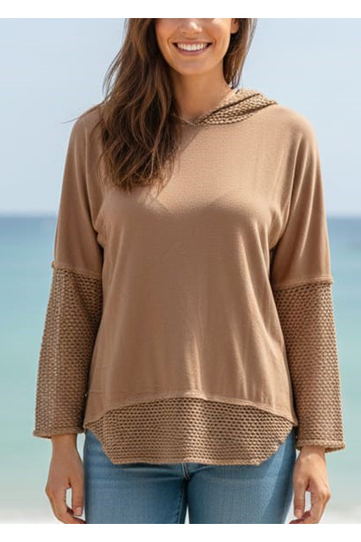 MONAMORE Bluză de damă cu mâneci, cu glugă, cu plasă la capătul fustei, asime...